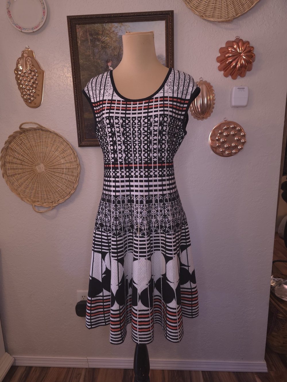 Nic+Zoe PS Black White Coral Knit Fit & Flare Midi Dress Geometric Print